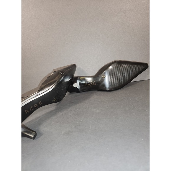 BCBG Paris Women 7B Black Leather Horsebit Pointed Toe Mule Kitten Heels Career - Picture 8 of 9